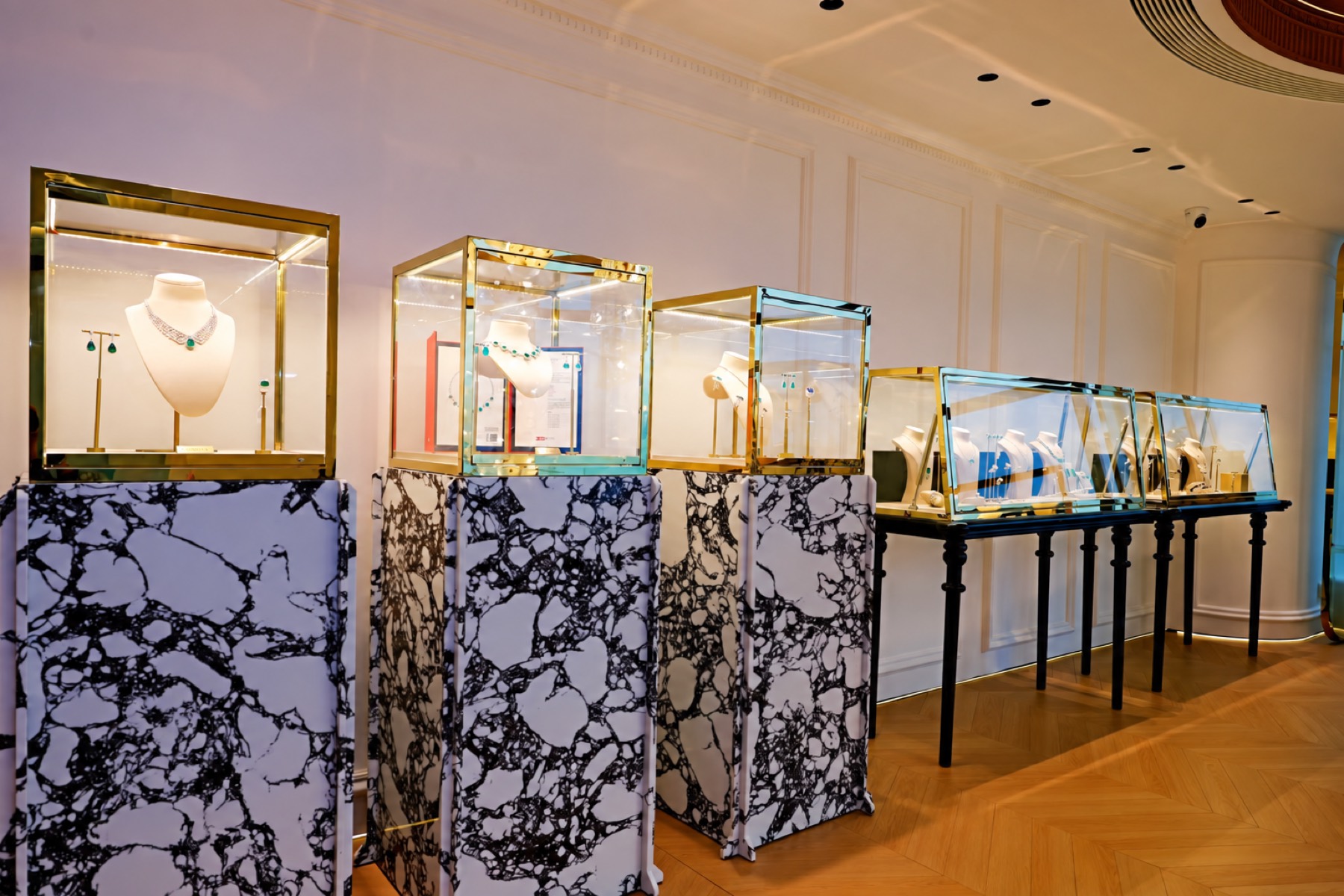 Marble vitrines in the salon